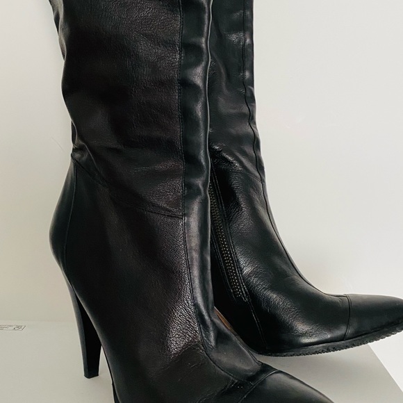 Saks 5th Ave Black Calfskin Tall Slouch Boots - Picture 2 of 7